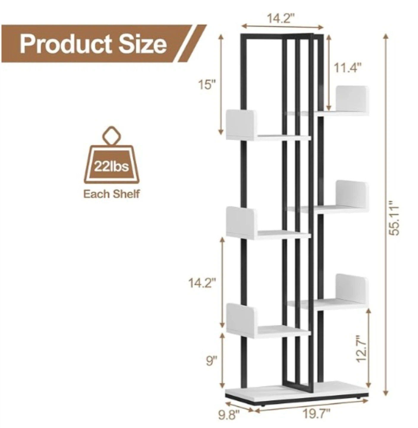 8 Tier Tree Bookshelf, Industrial Wood w/ Metal Frame - photo 2