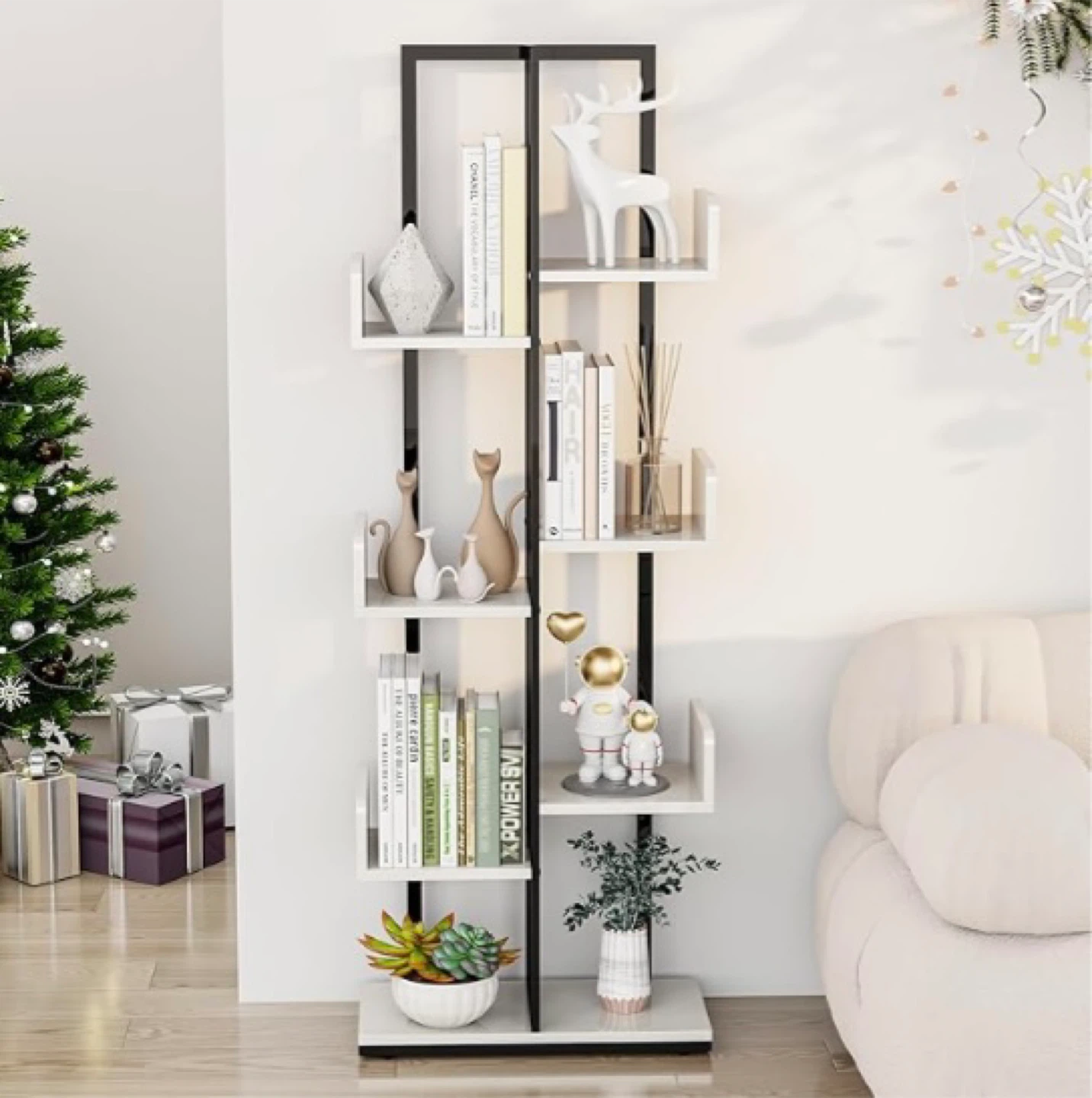 8 Tier Tree Bookshelf, Industrial Wood w/ Metal Frame