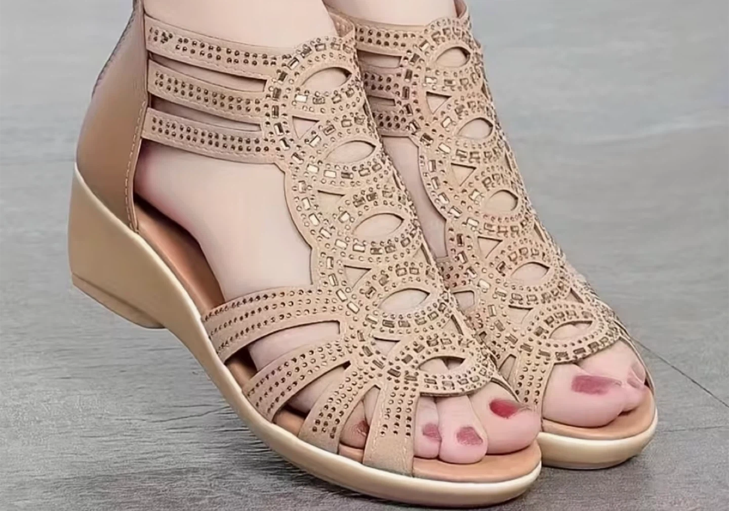 Size 6 Women's Beige Embellished Wedge Sandals