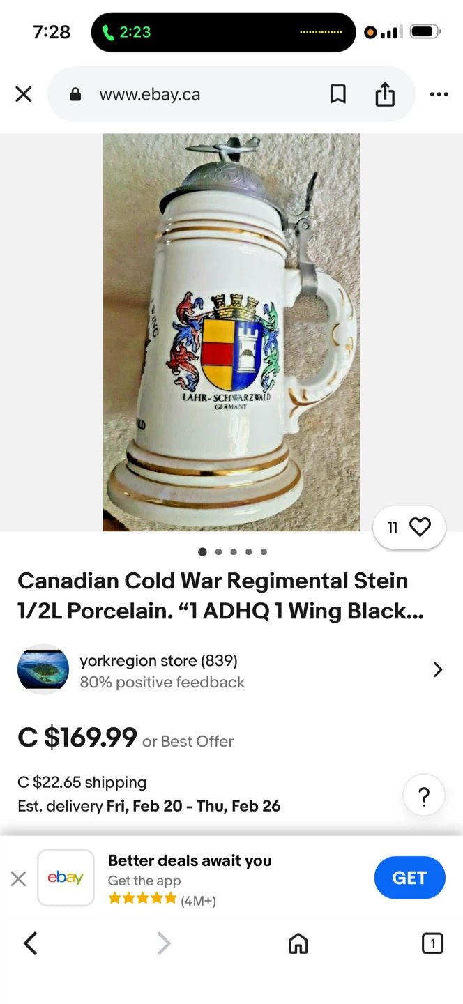 Canadian Cold War Regimental Stein 1/2L Porcelain