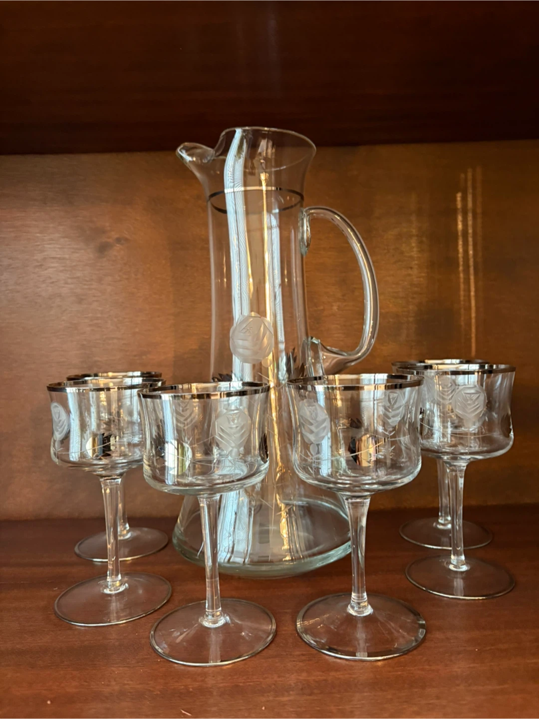 Vintage Glass Pitcher and 5 Glasses Set with Silver Rim