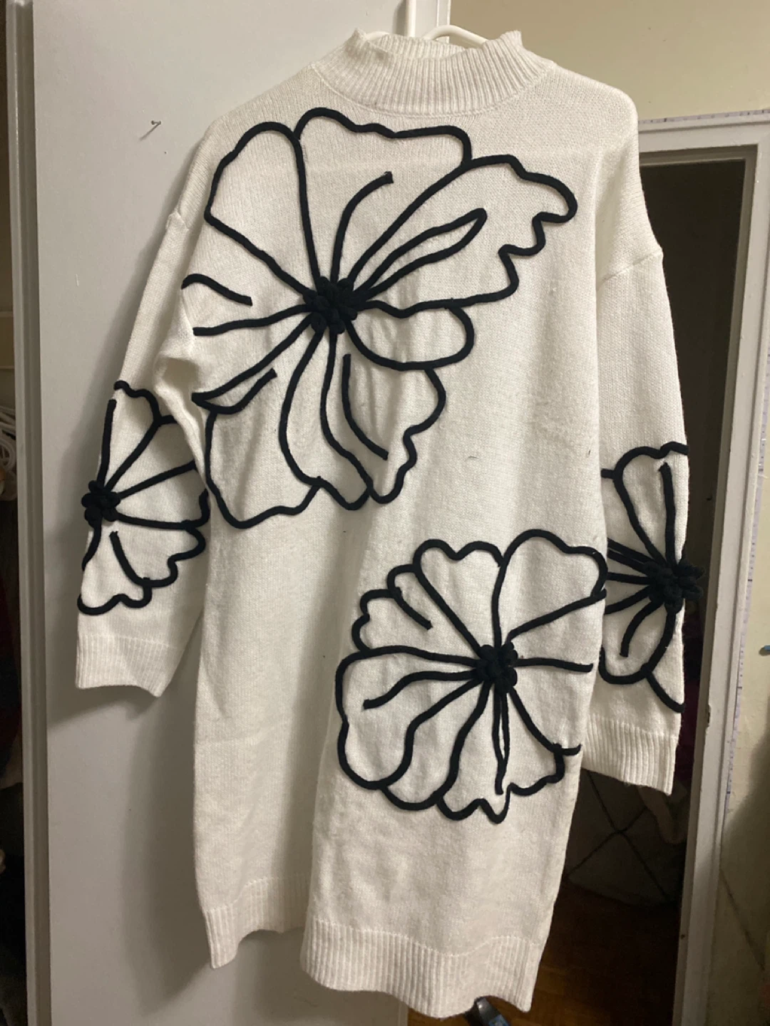 White Knit Sweater Dress with Floral Appliqué