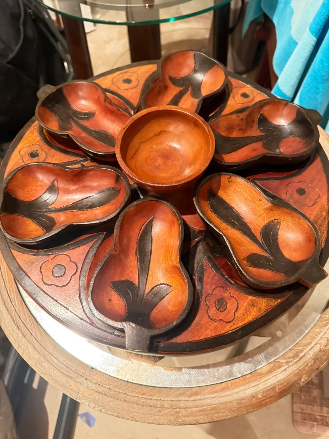 Wooden Serving Bowl Set with 6 Small Dishes