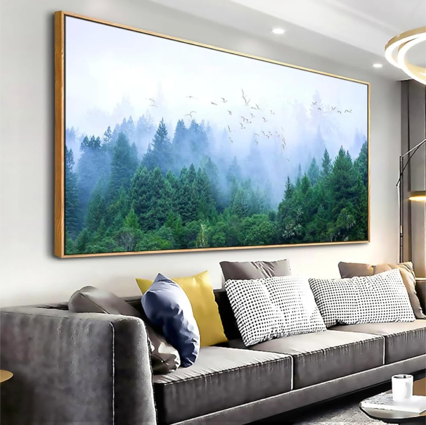 Large Framed Wall Art - Misty Forest Scene with Birds