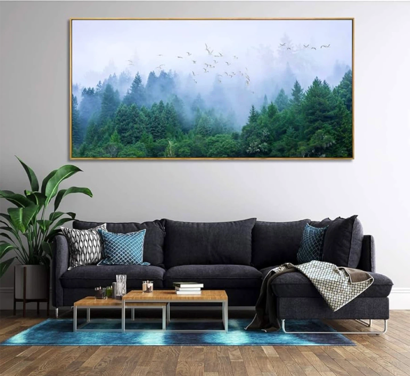 Large Framed Wall Art - Misty Forest Scene with Birds - photo 3