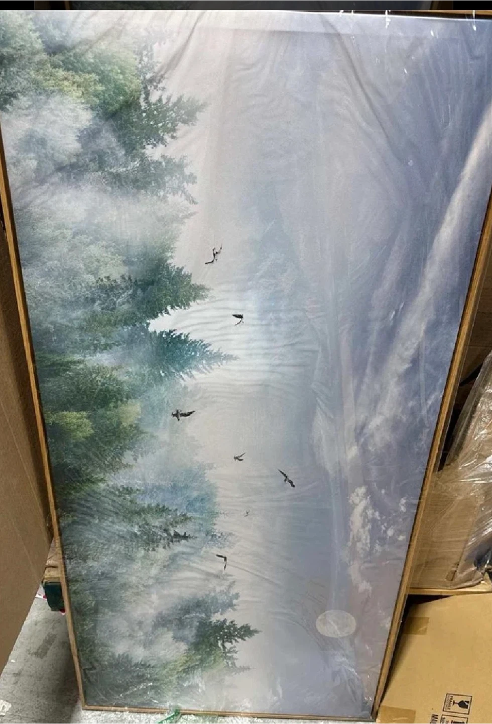 Large Framed Wall Art - Misty Forest Scene with Birds - photo 4