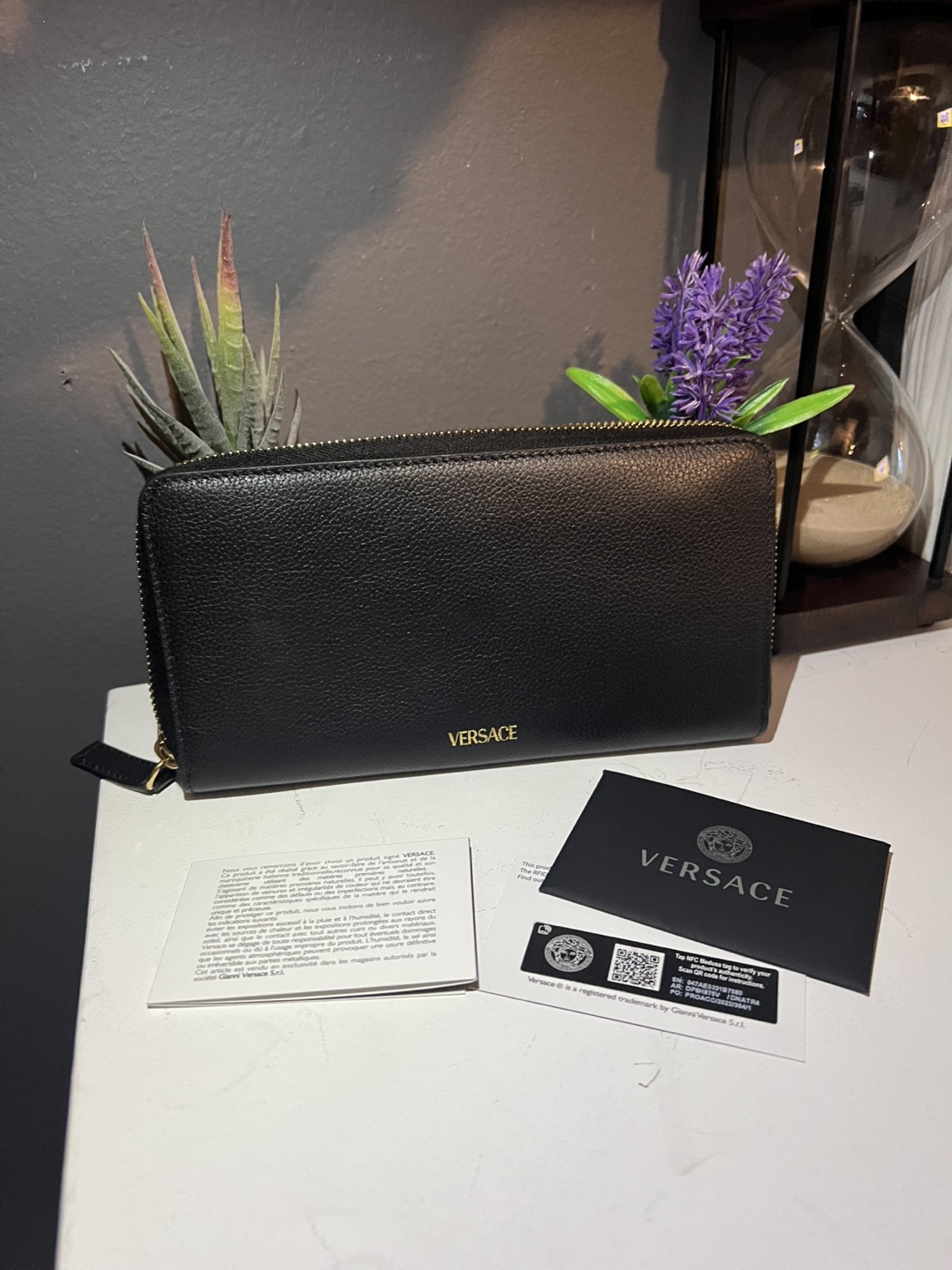 Versace Black Leather Zip Around Wallet