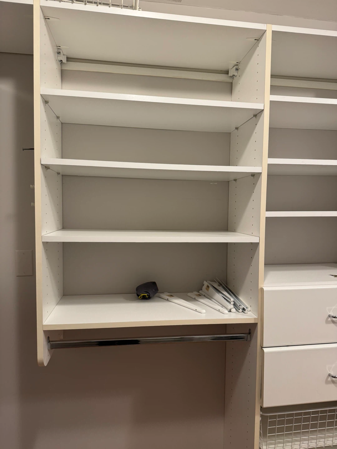 Closet Organization System with Shelving and Drawers