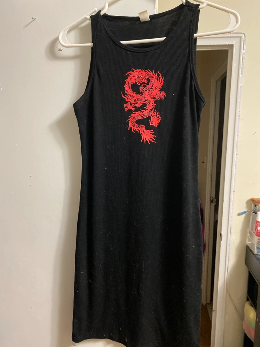 Black Sleeveless Dress with Red Dragon Graphic