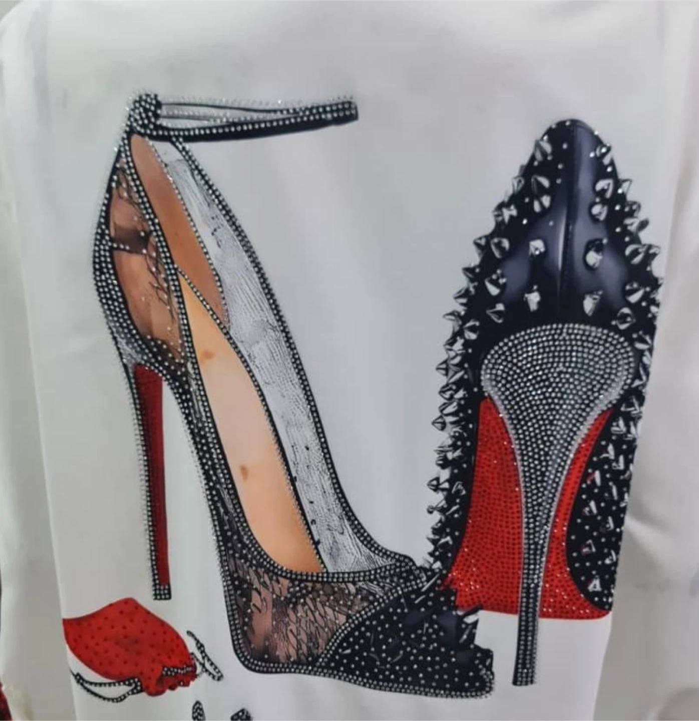 White Button-Up Shirt with Embellished High Heel Design - photo 4