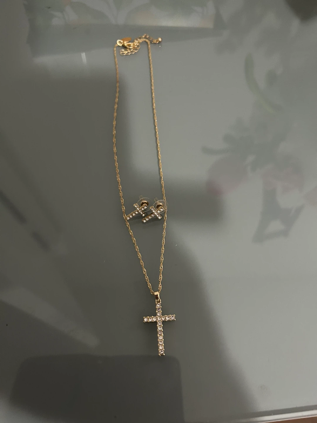 Gold-tone Cross Necklace and Earrings Set