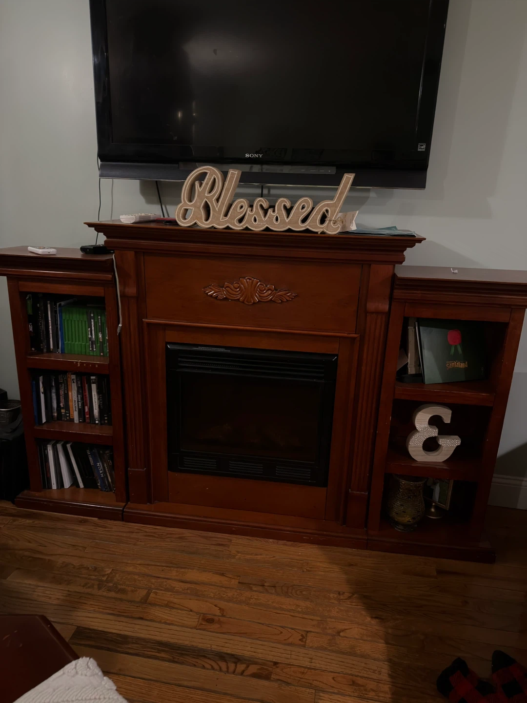 Wooden Electric Fireplace Entertainment Center with Bookshelves