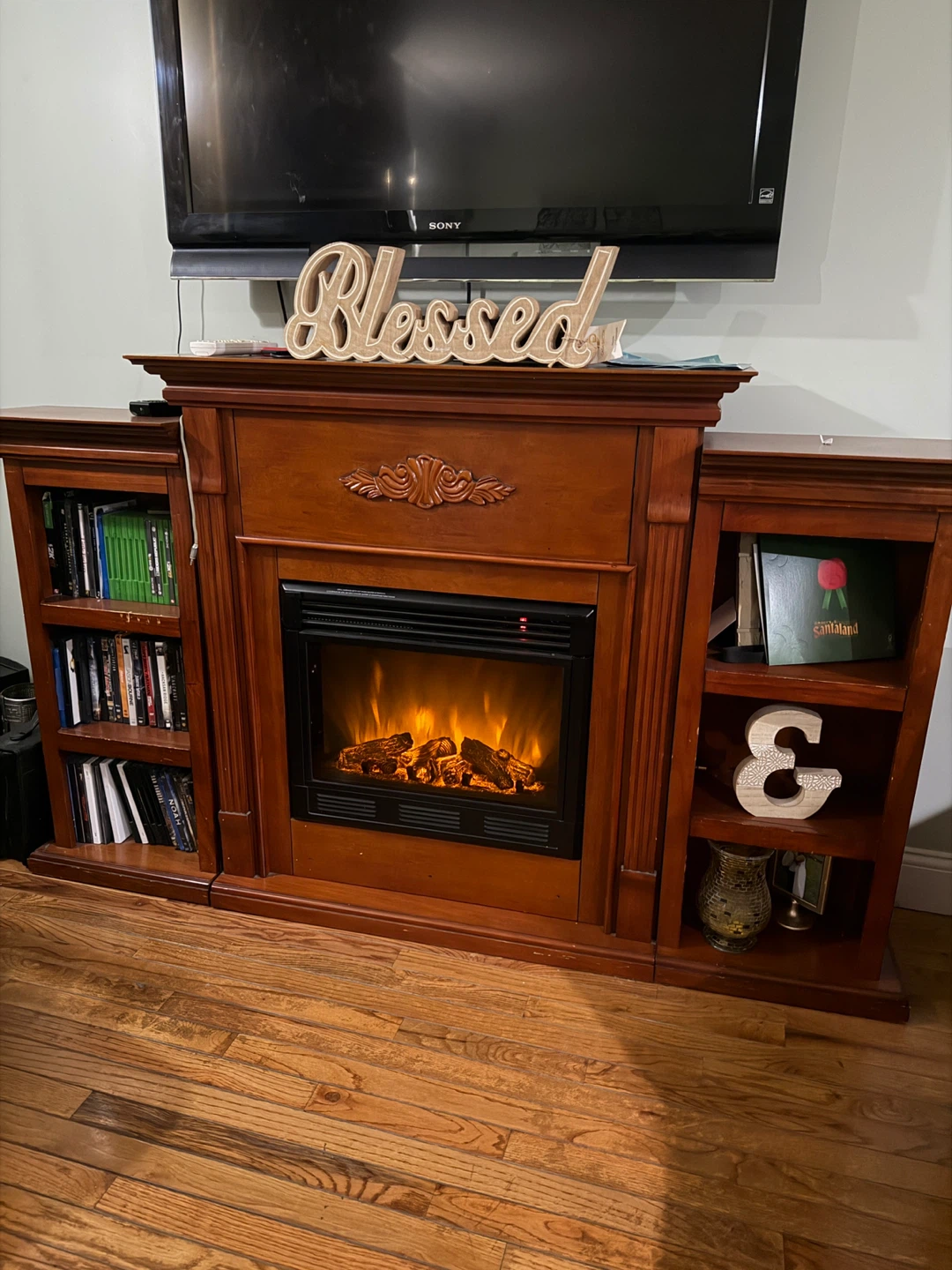 Wooden Electric Fireplace Entertainment Center with Bookshelves - photo 4