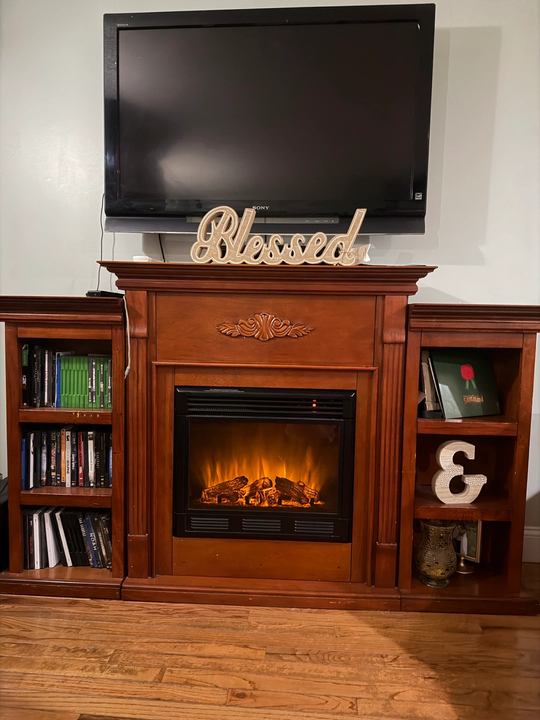Wooden Electric Fireplace Entertainment Center with Bookshelves - photo 2
