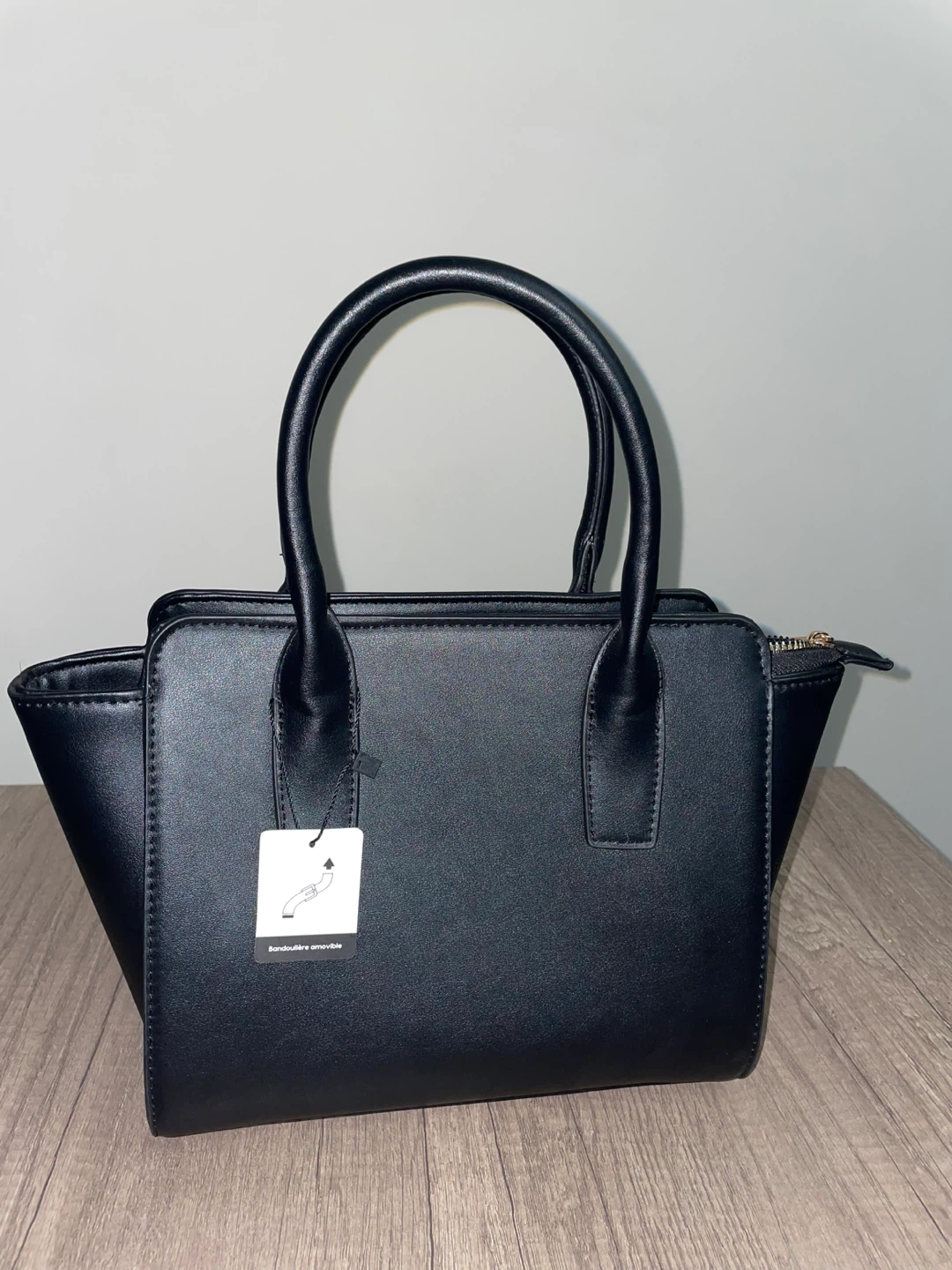 Black Faux Leather Top Handle Bag with Shoulder Strap