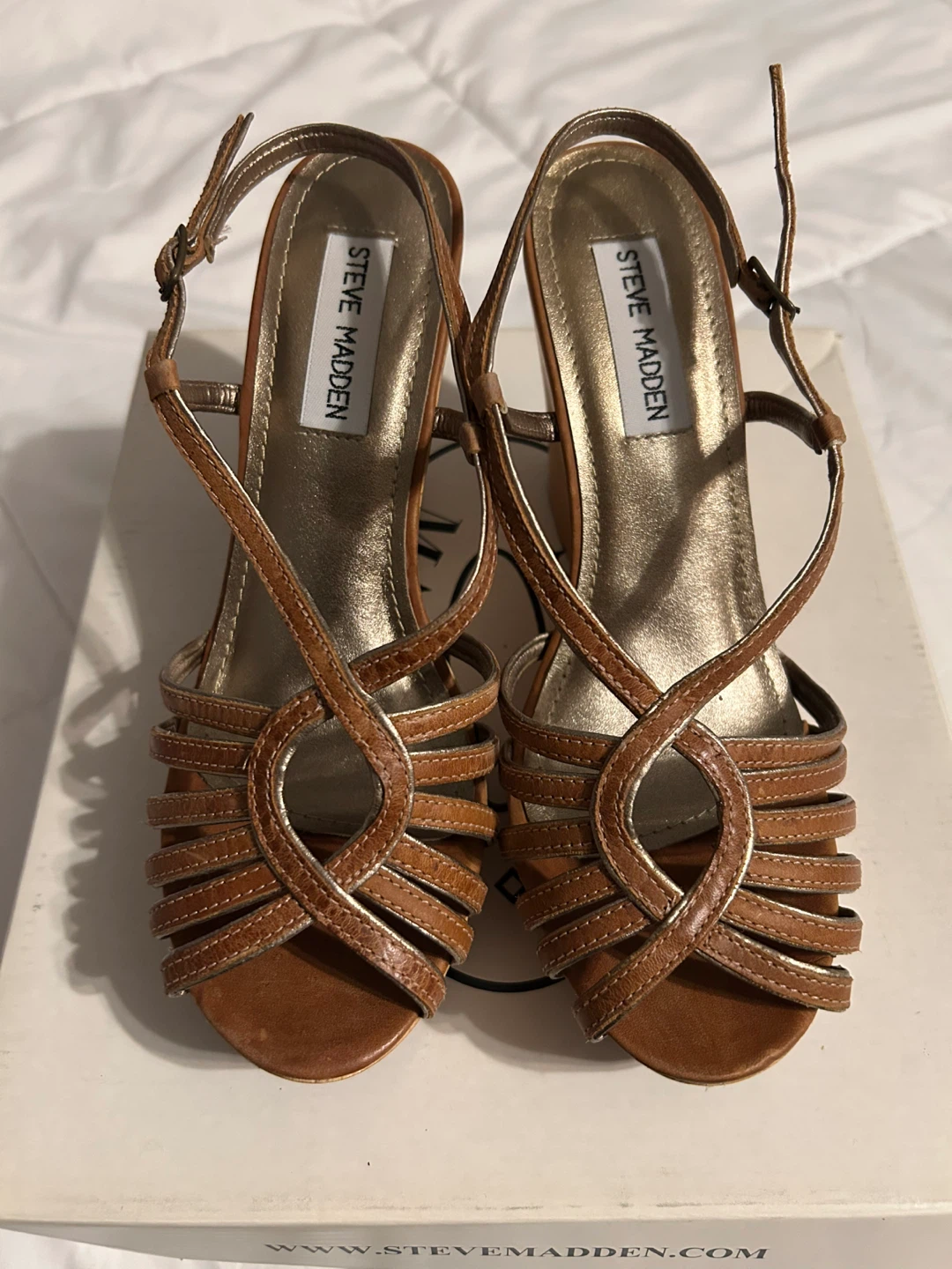 VTG Y2K Steve Madden Astoriaa Tan Leather & Wood Wedge Sandals - photo 2