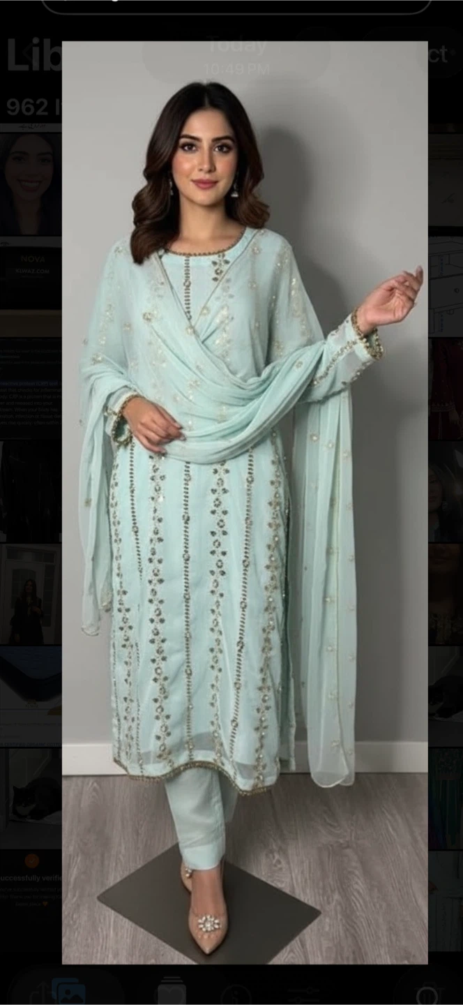 Pakistani Chiffon Dress Pearl Tilla Light Green