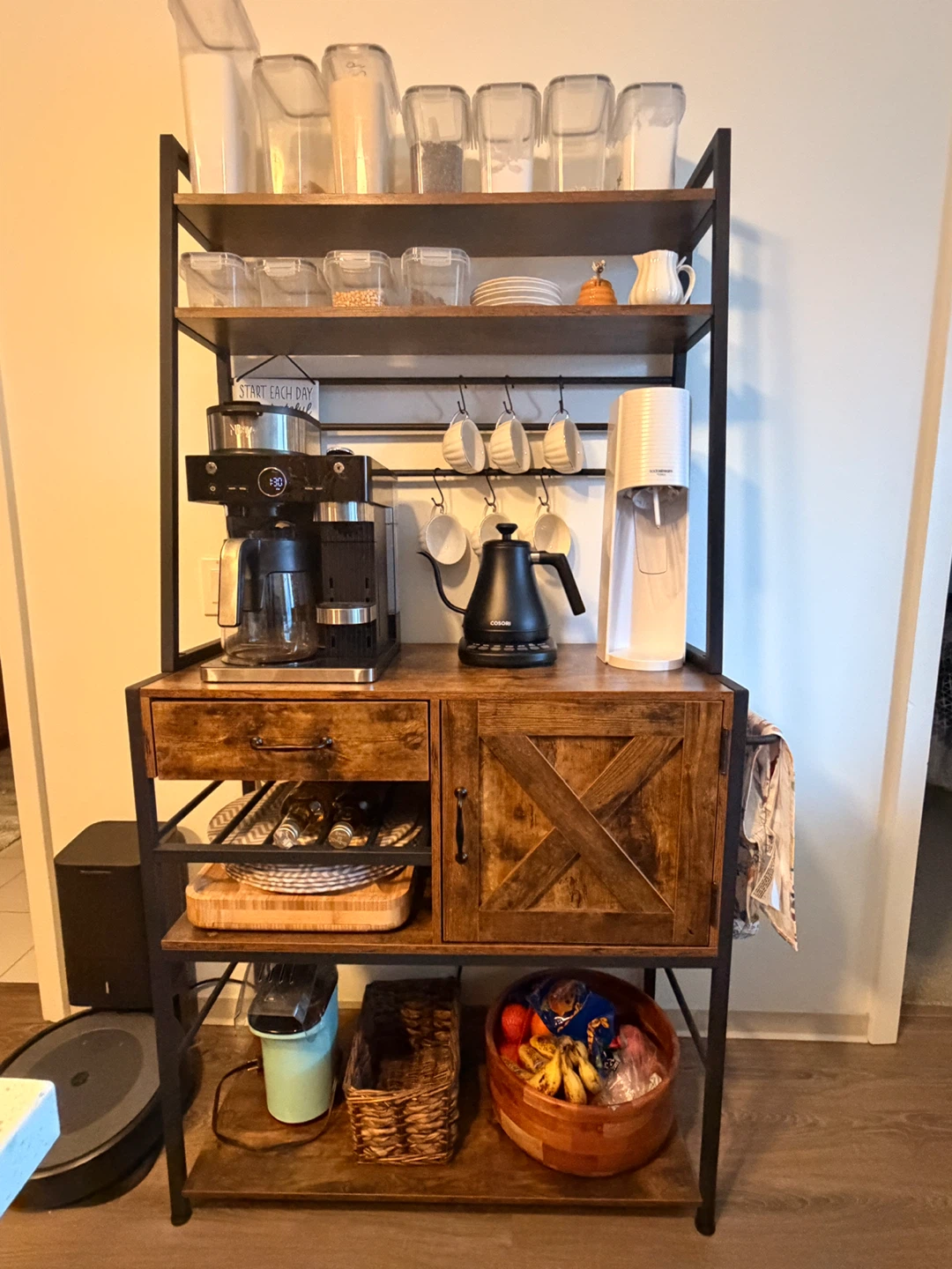 Rustic Coffee Bar Baker's Rack with 8 S-Hooks and Towel Bar - photo 2