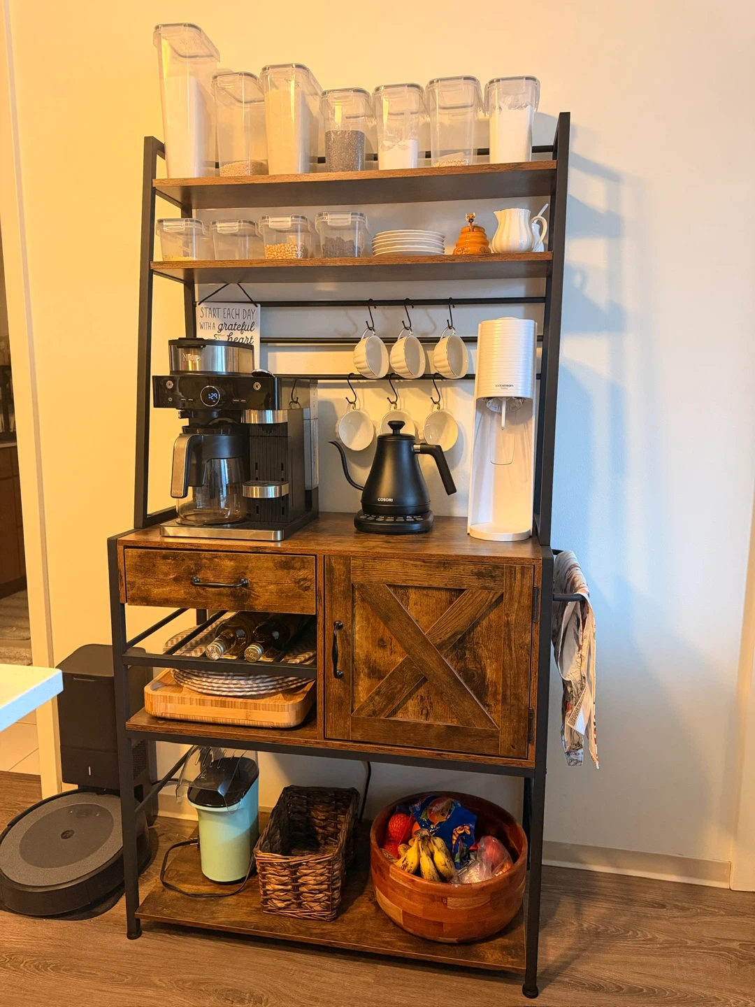 Rustic Coffee Bar Baker's Rack with 8 S-Hooks and Towel Bar