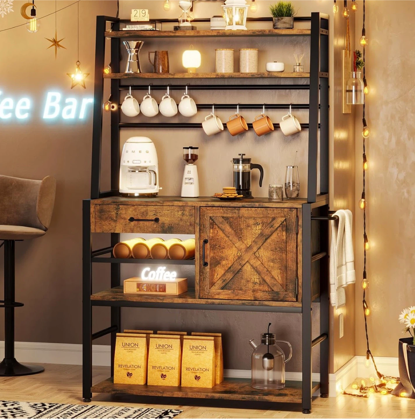 Rustic Coffee Bar Baker's Rack with 8 S-Hooks and Towel Bar - photo 5