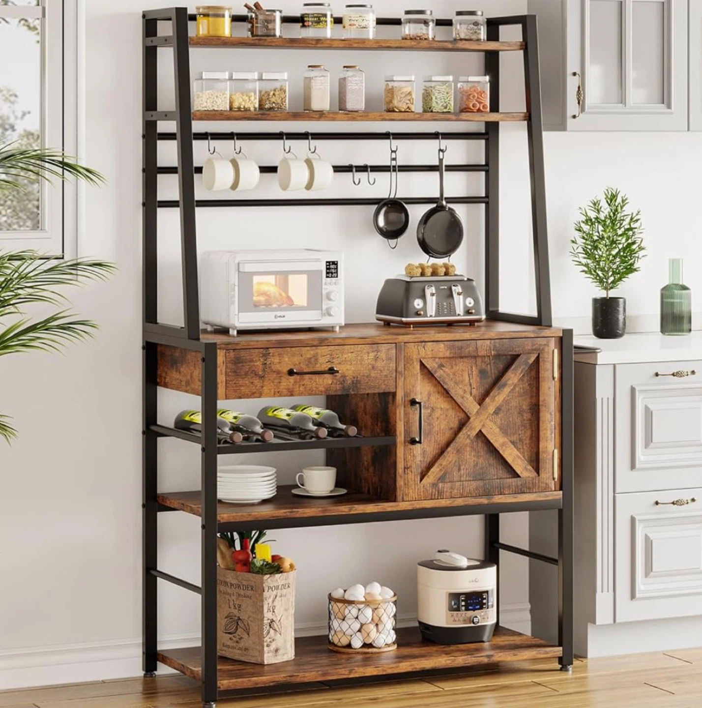 Rustic Coffee Bar Baker's Rack with 8 S-Hooks and Towel Bar - photo 3