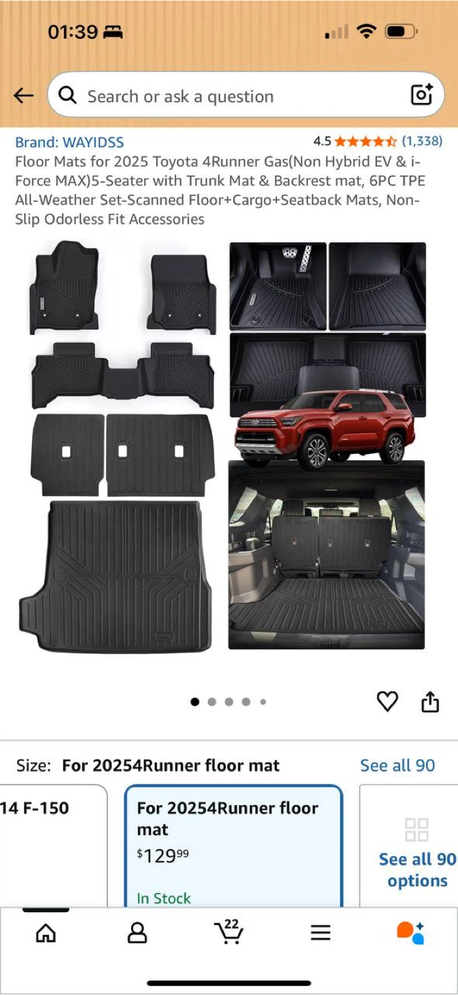 WAVIDSS Floor Mats Set for Toyota 4Runner 2025 (Gas Model)