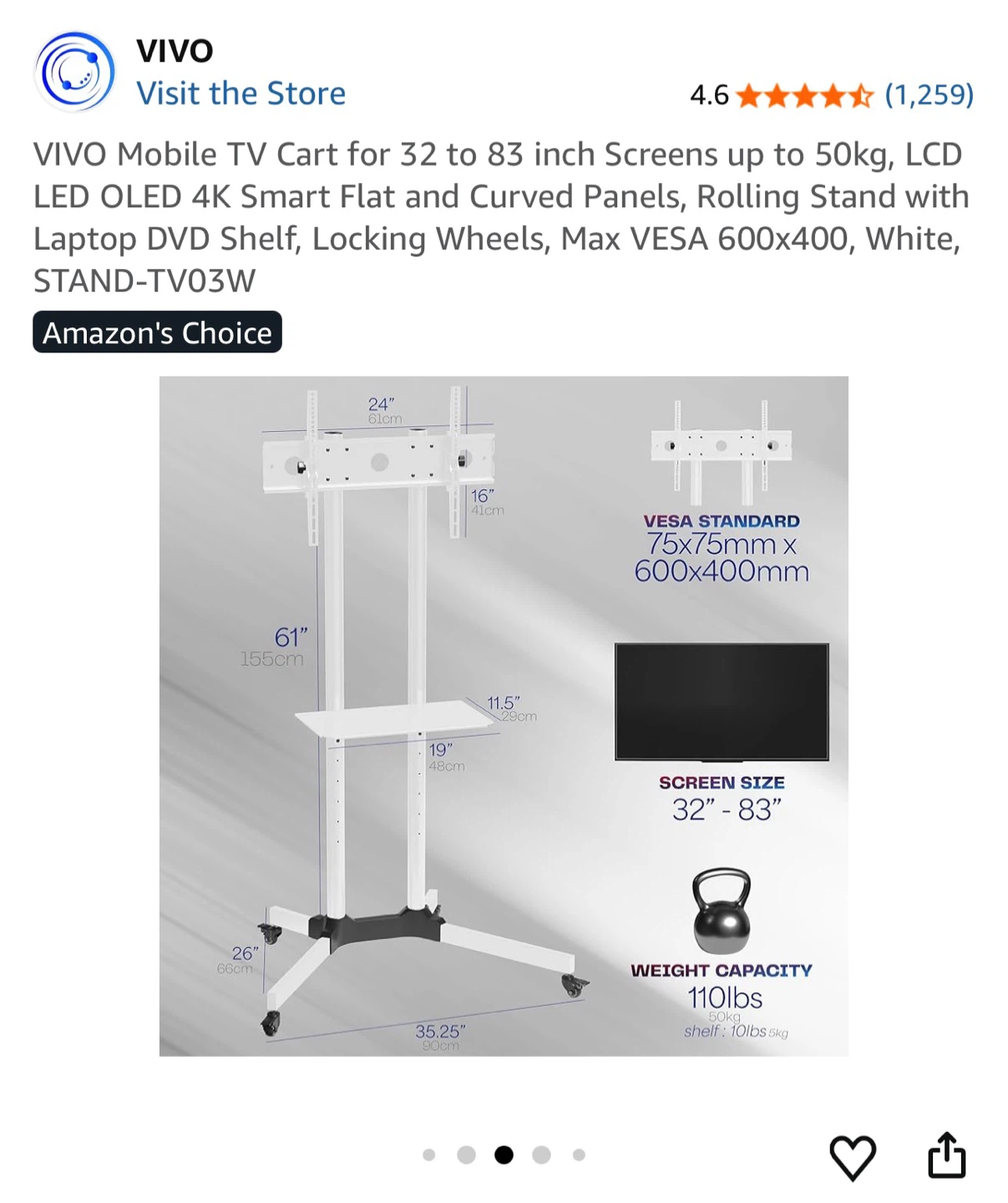 VIVO Mobile TV Cart Stand 32”-83” - photo 5