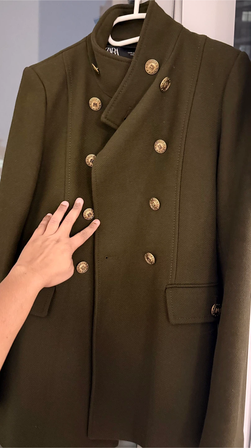 Zara Military Style Double-Breasted Coat - Olive Green - photo 2