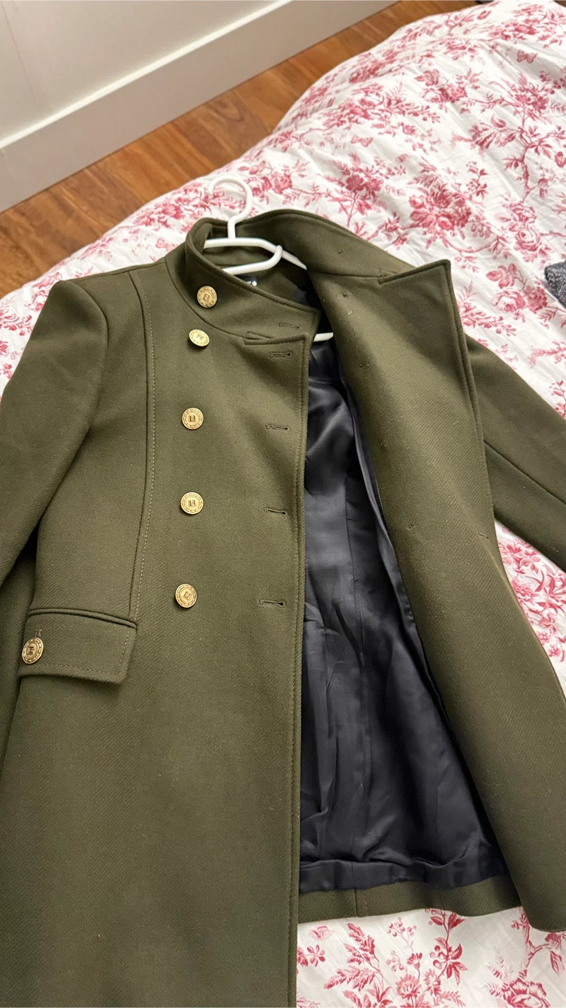 Zara Military Style Double-Breasted Coat - Olive Green