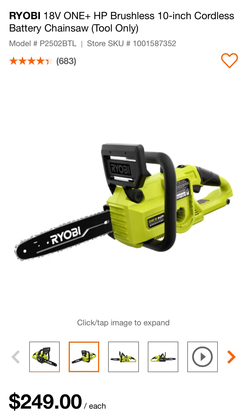 Ryobi 18V ONE+ HP Brushless 10-inch Cordless Chainsaw