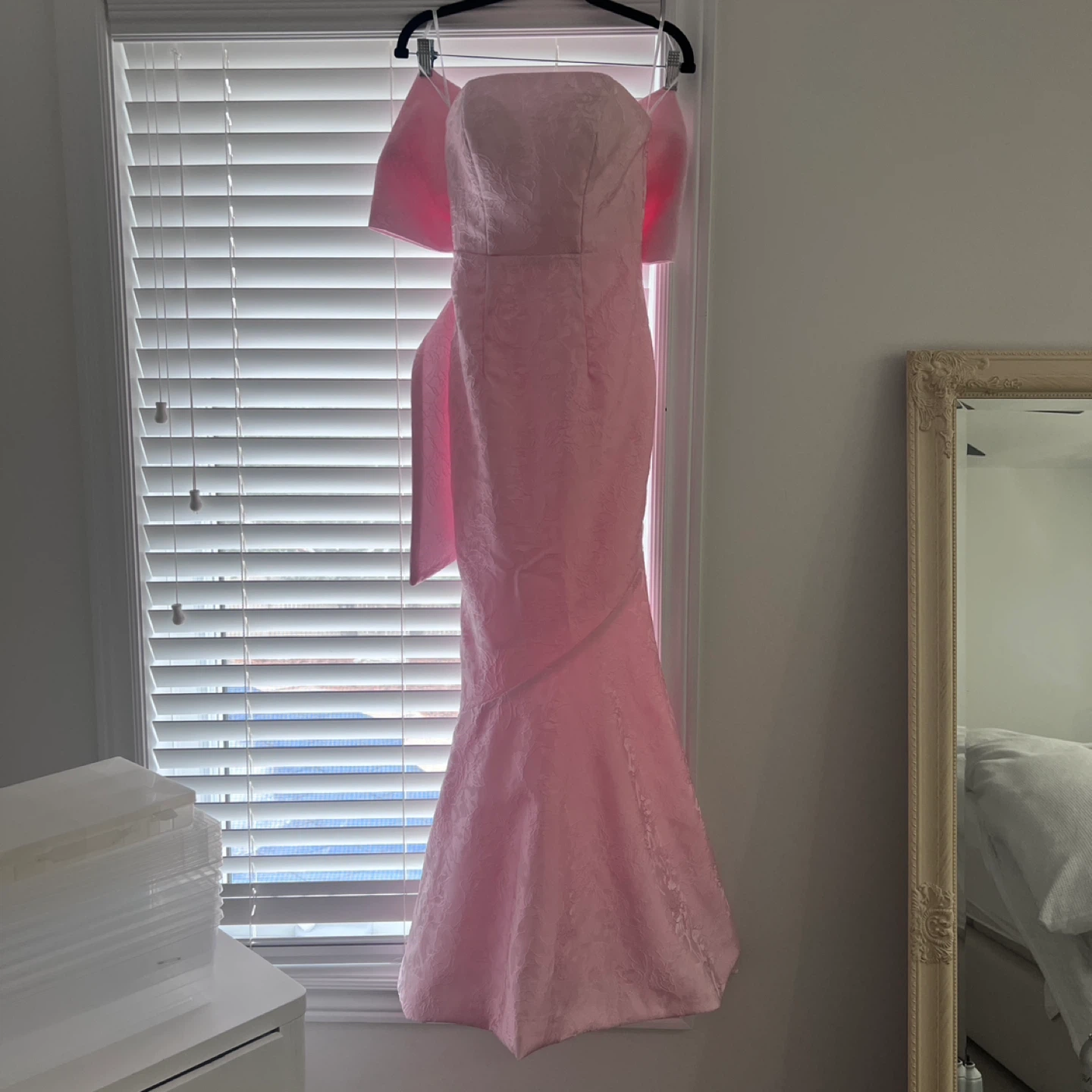 Pink Brocade PROM DRESS  with Bow Detail