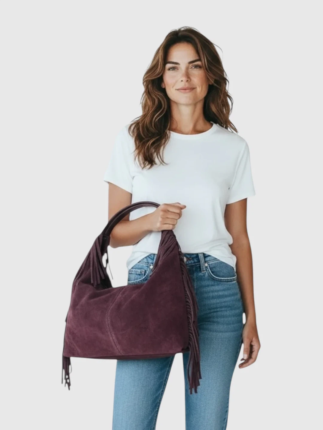 Genuine Leather Burgundy Purple Suede Fringe Hobo Shoulder Bag - photo 5