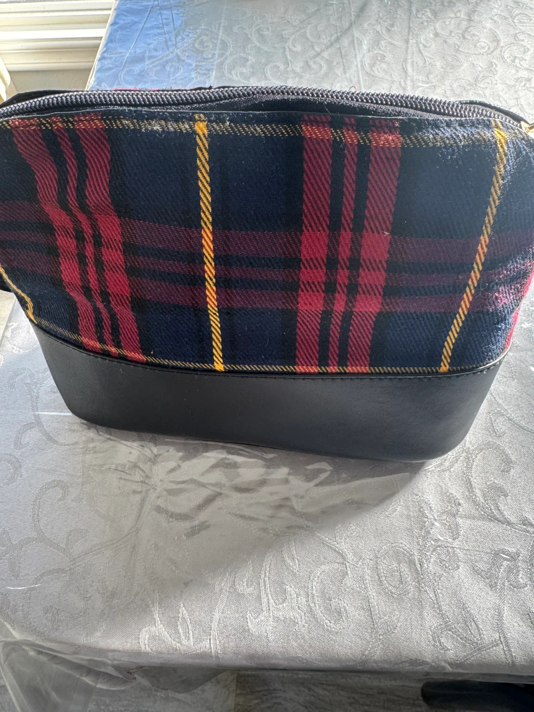 Plaid and Black Faux Leather Crossbody Bag
