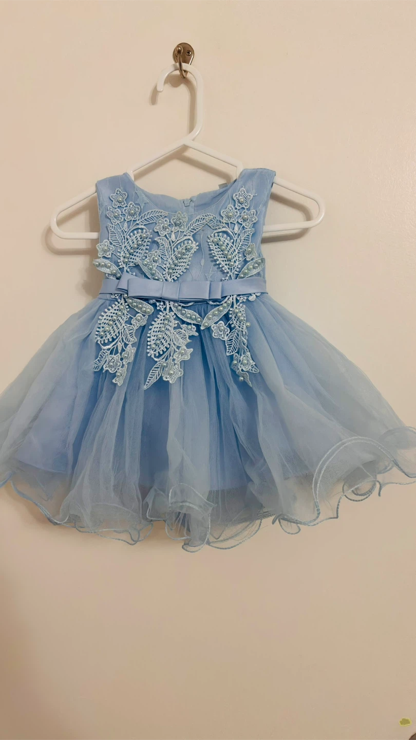 Light Blue Tulle Dress with Floral Appliqués