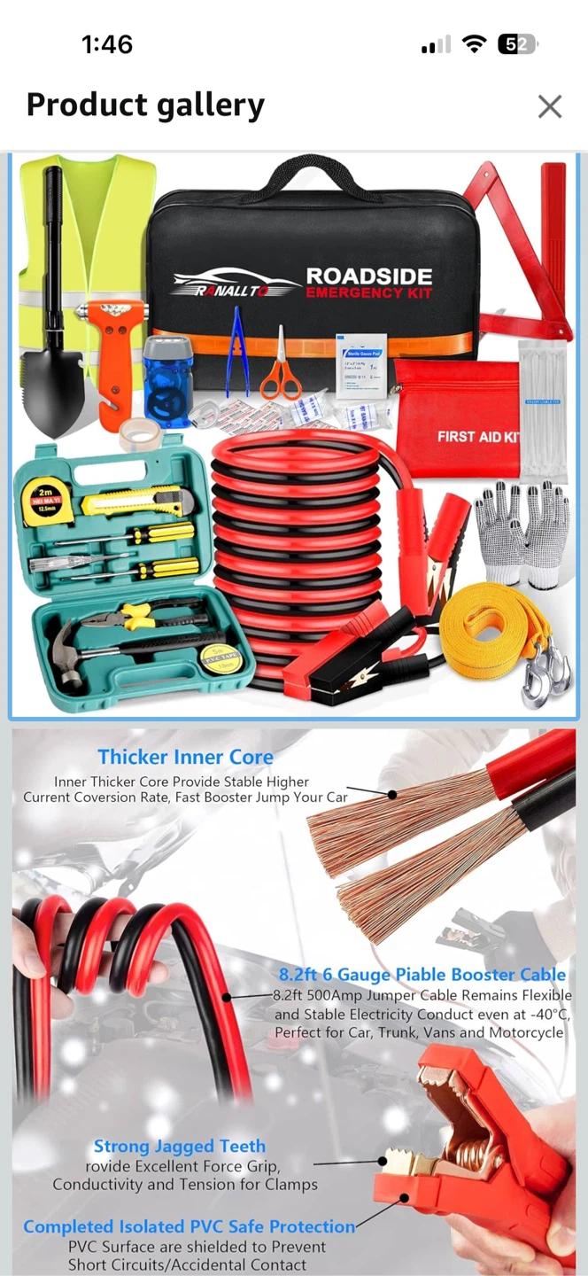 Roadside Emergency Car Kit with Tools and Jumper Cables