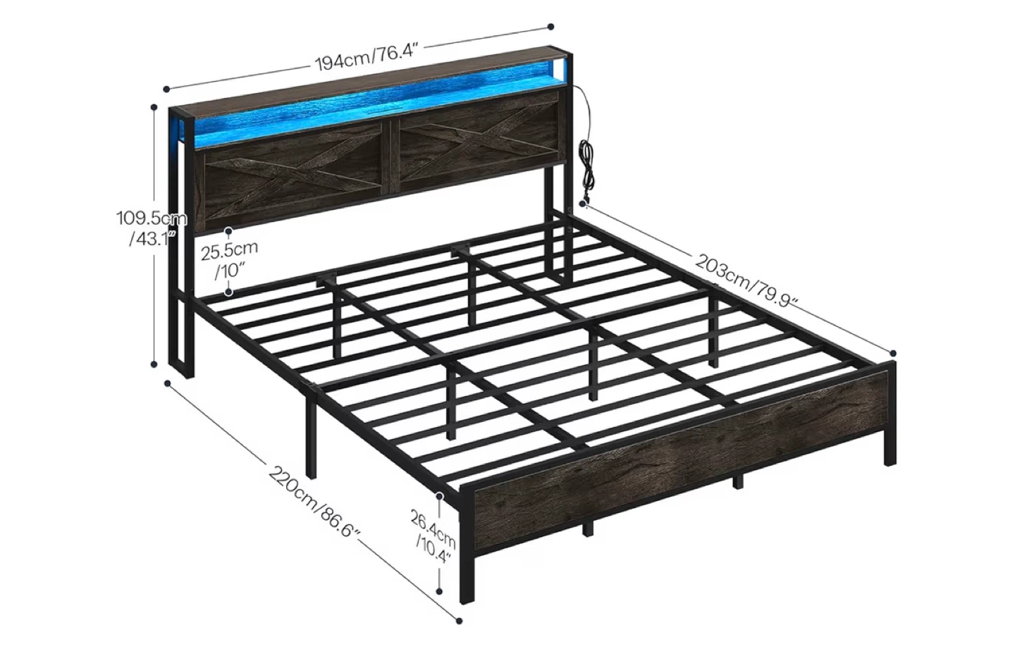 King Size Bed Frame with LED Headboard