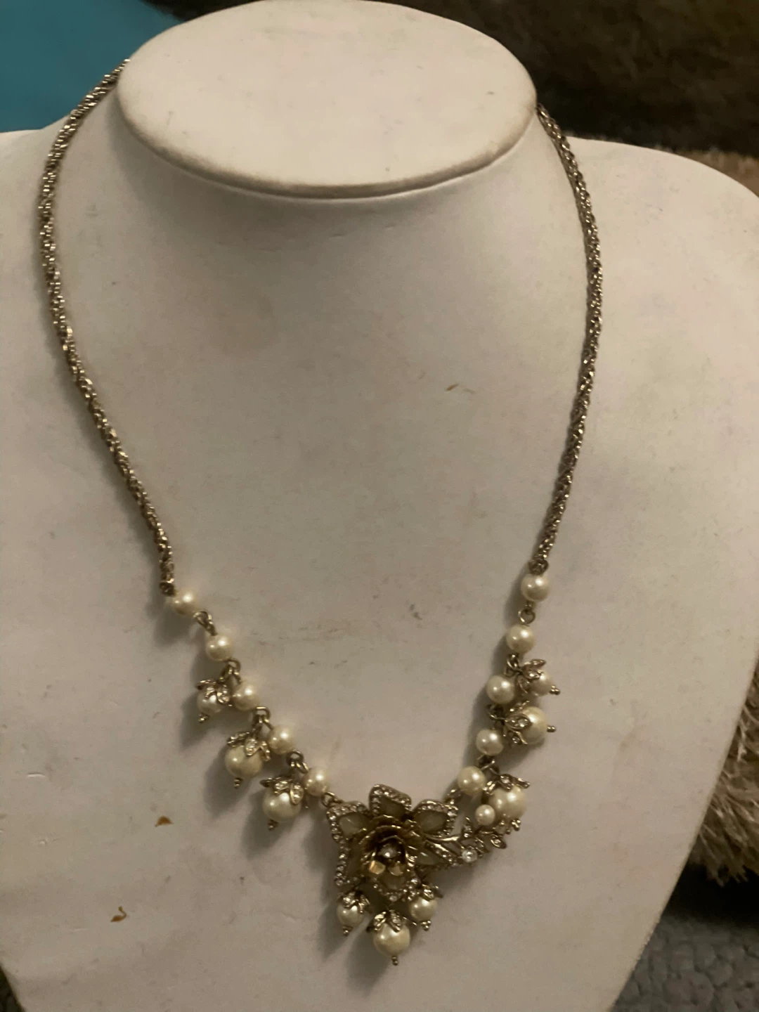 Pearl and Rhinestone Flower Necklace