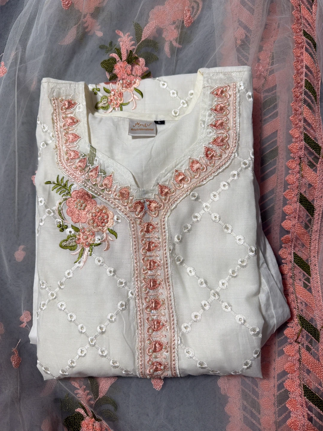 Eid Pakistani White Embroidered Kurti with Pink Floral Work