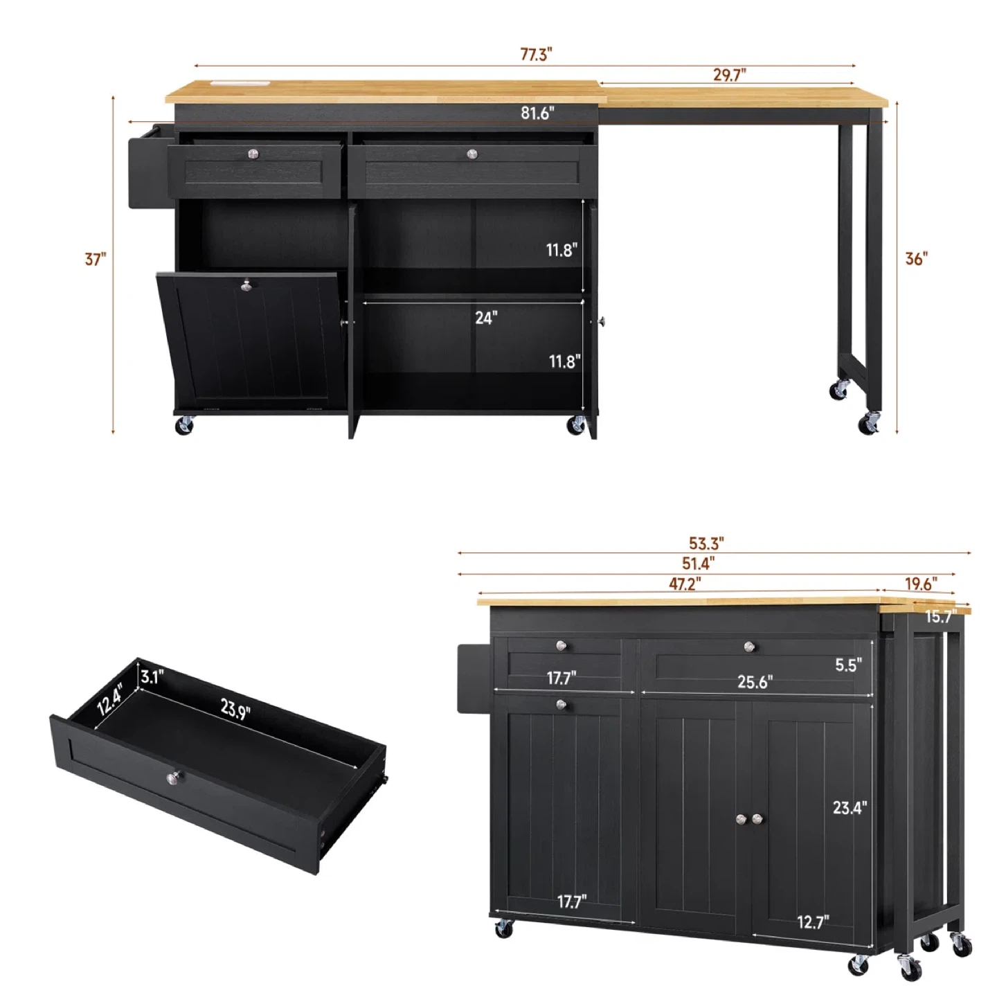 Black Kitchen Island Cart with Drop Leaf Extension - photo 3