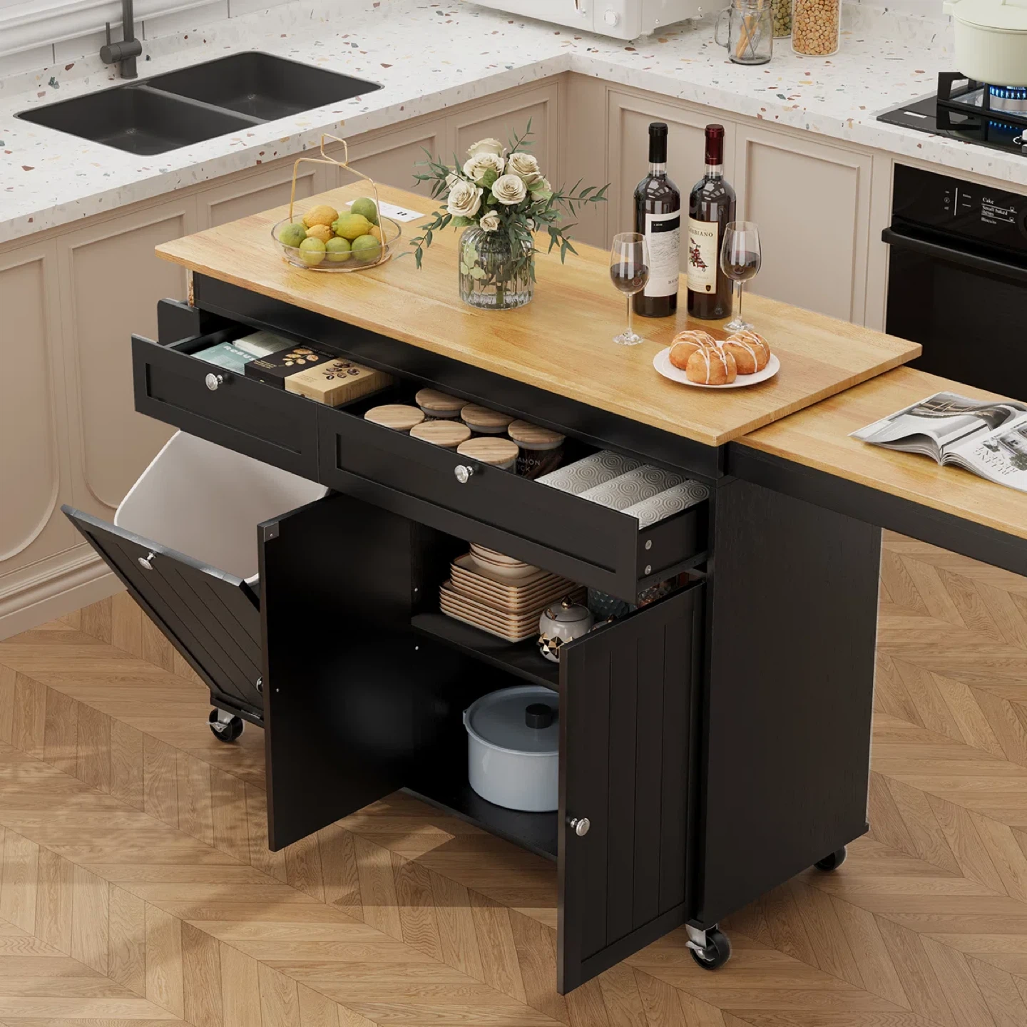 Black Kitchen Island Cart with Drop Leaf Extension - photo 2