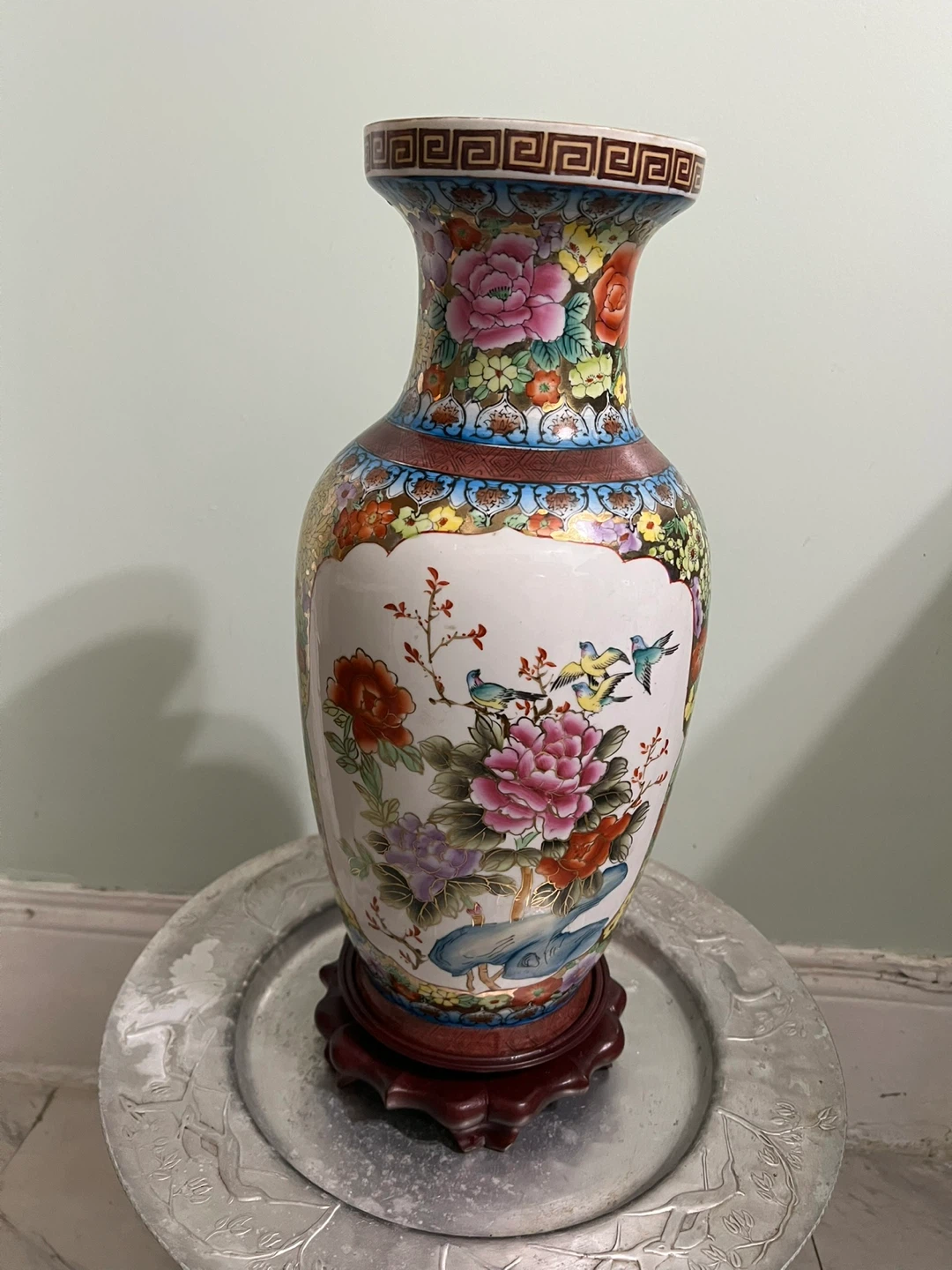 Decorative Floral Vase with Wooden Stand