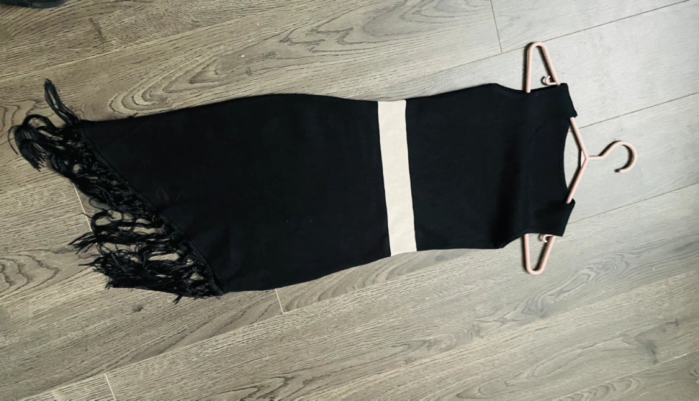 Black Tassel Scarf with White Stripe