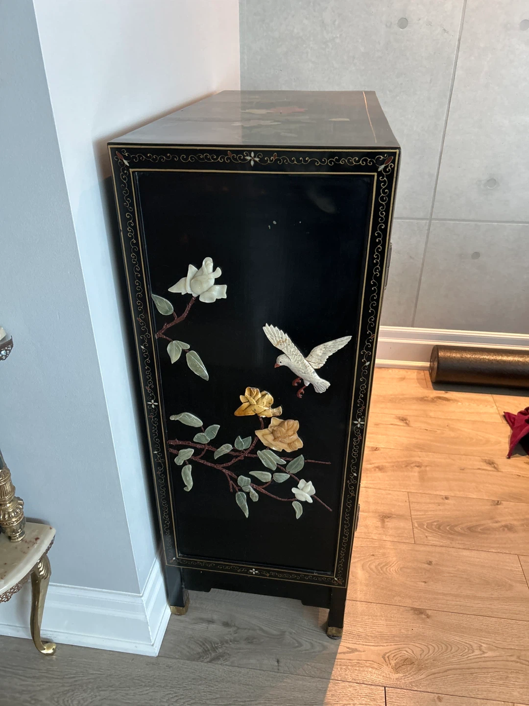 Vintage Black Lacquer Cabinet with Raised Floral and Bird Inlay - photo 3