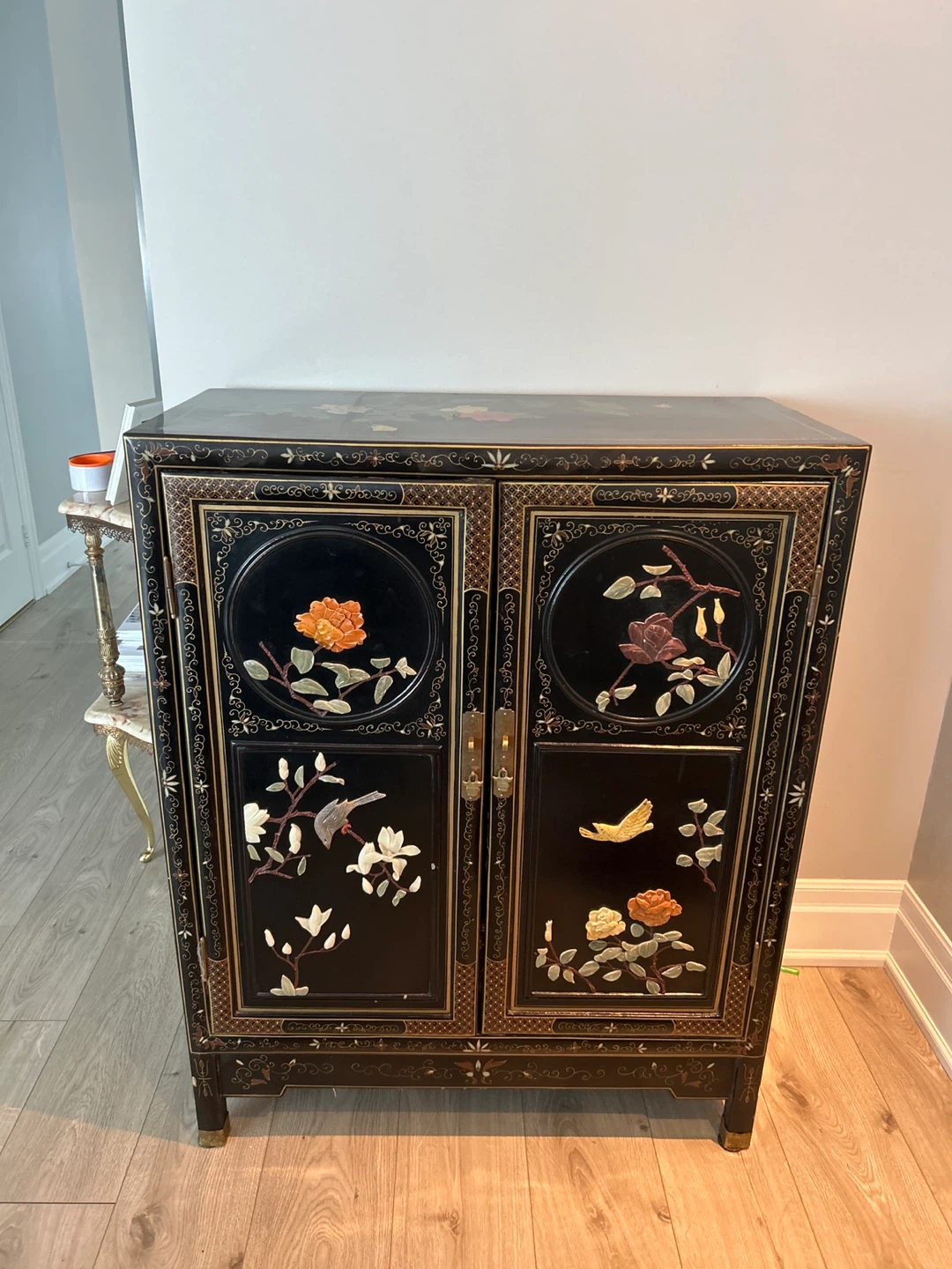 Vintage Black Lacquer Cabinet with Raised Floral and Bird Inlay