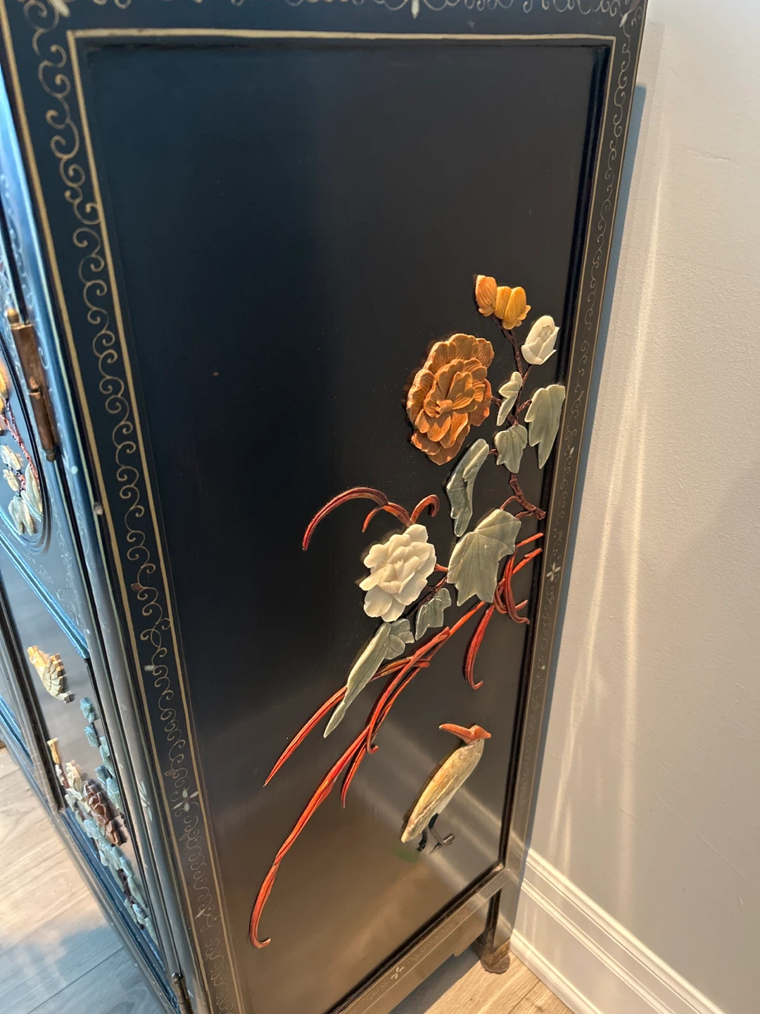 Vintage Black Lacquer Cabinet with Raised Floral and Bird Inlay - photo 4