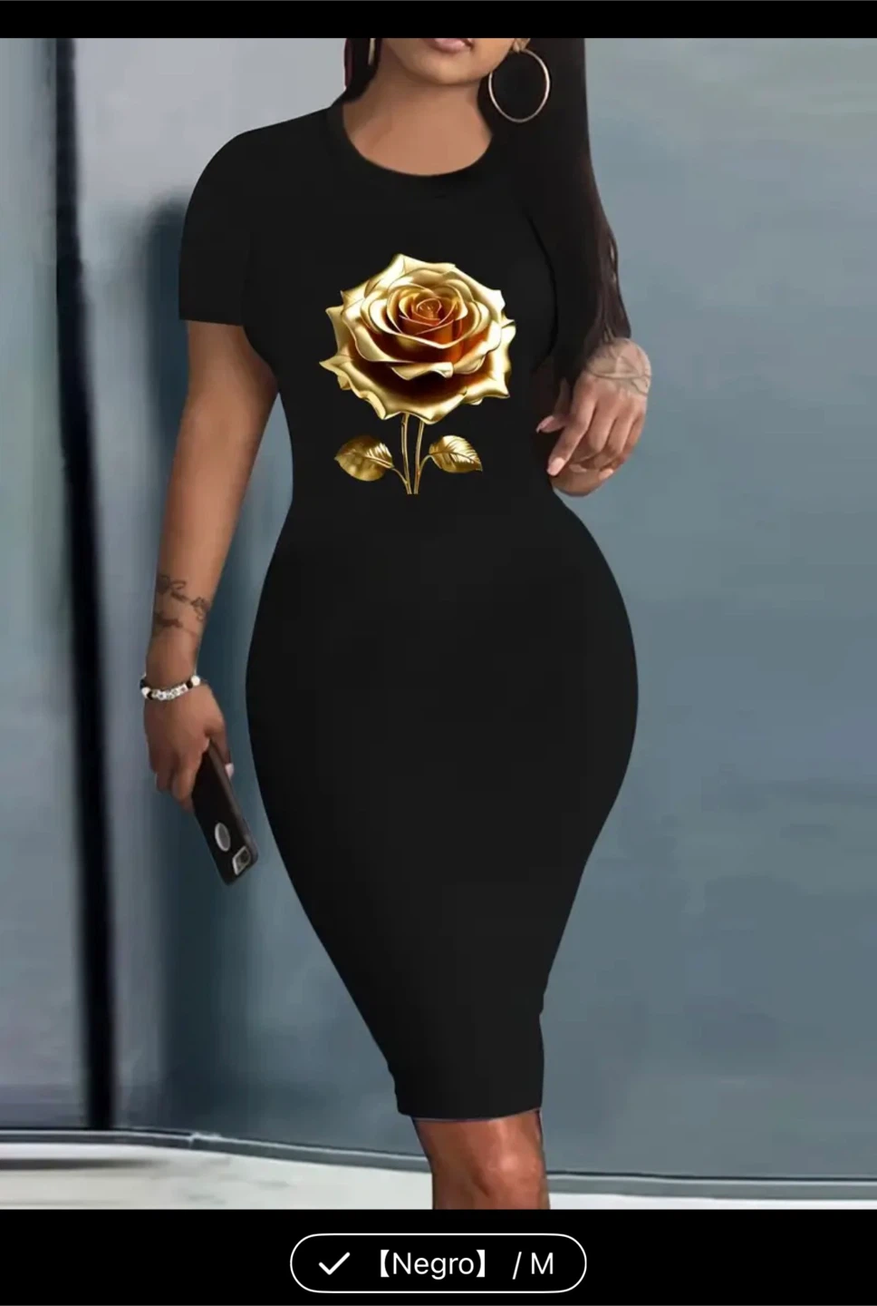 Size M Black Short Sleeve Dress with Gold Rose Graphic - Size M