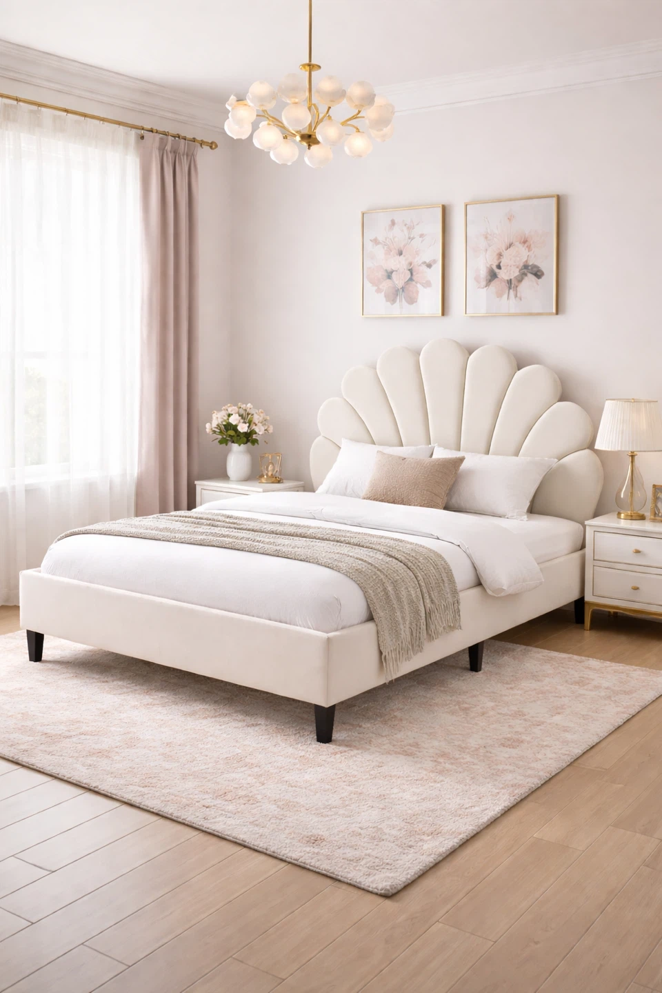 Cream Velvet Scalloped Headboard Bed Frame