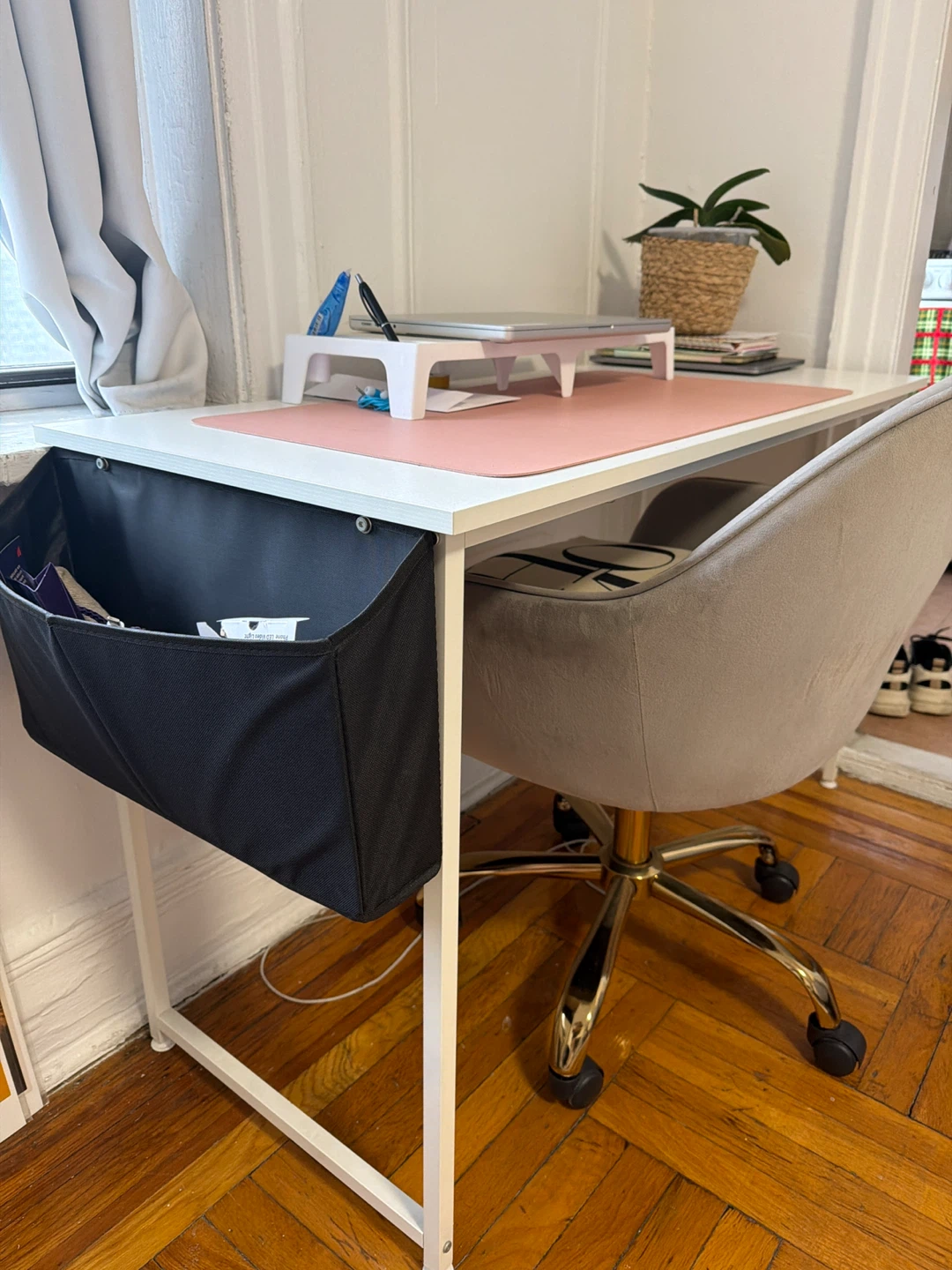 White Compact Desk with Black Storage Organizer