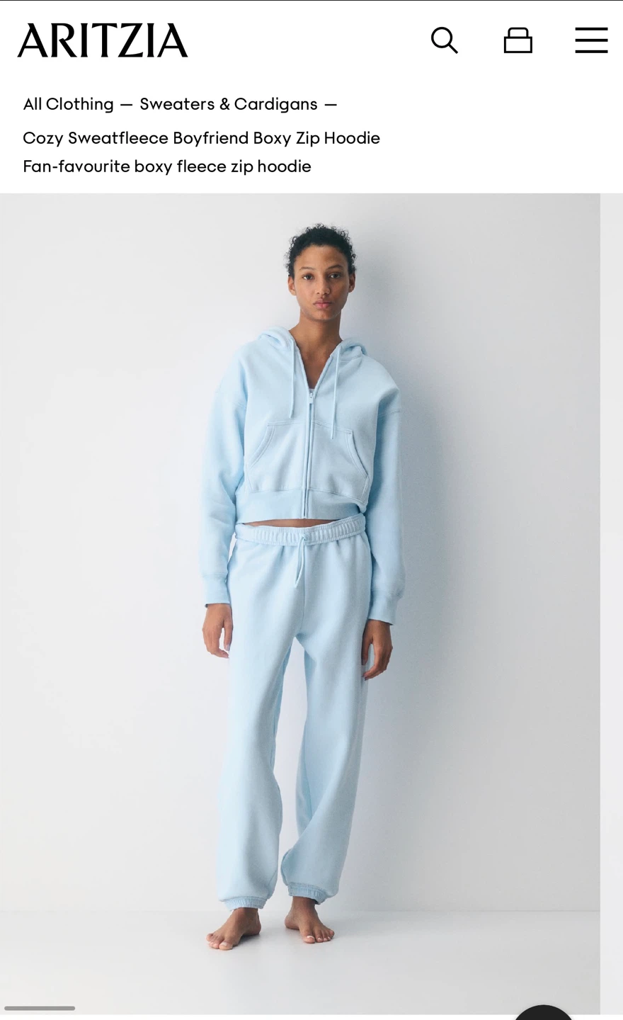 ARITZIA Cozy Sweatfleece Boyfriend Boxy Zip Hoodie Light Blue