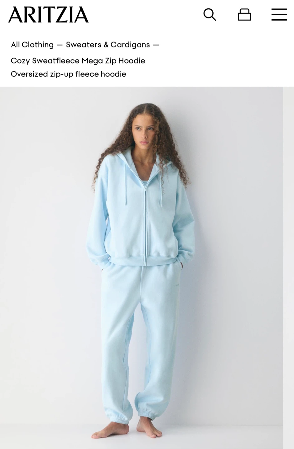 Aritzia Cozy Sweatfleece Mega Zip Hoodie - Light Blue